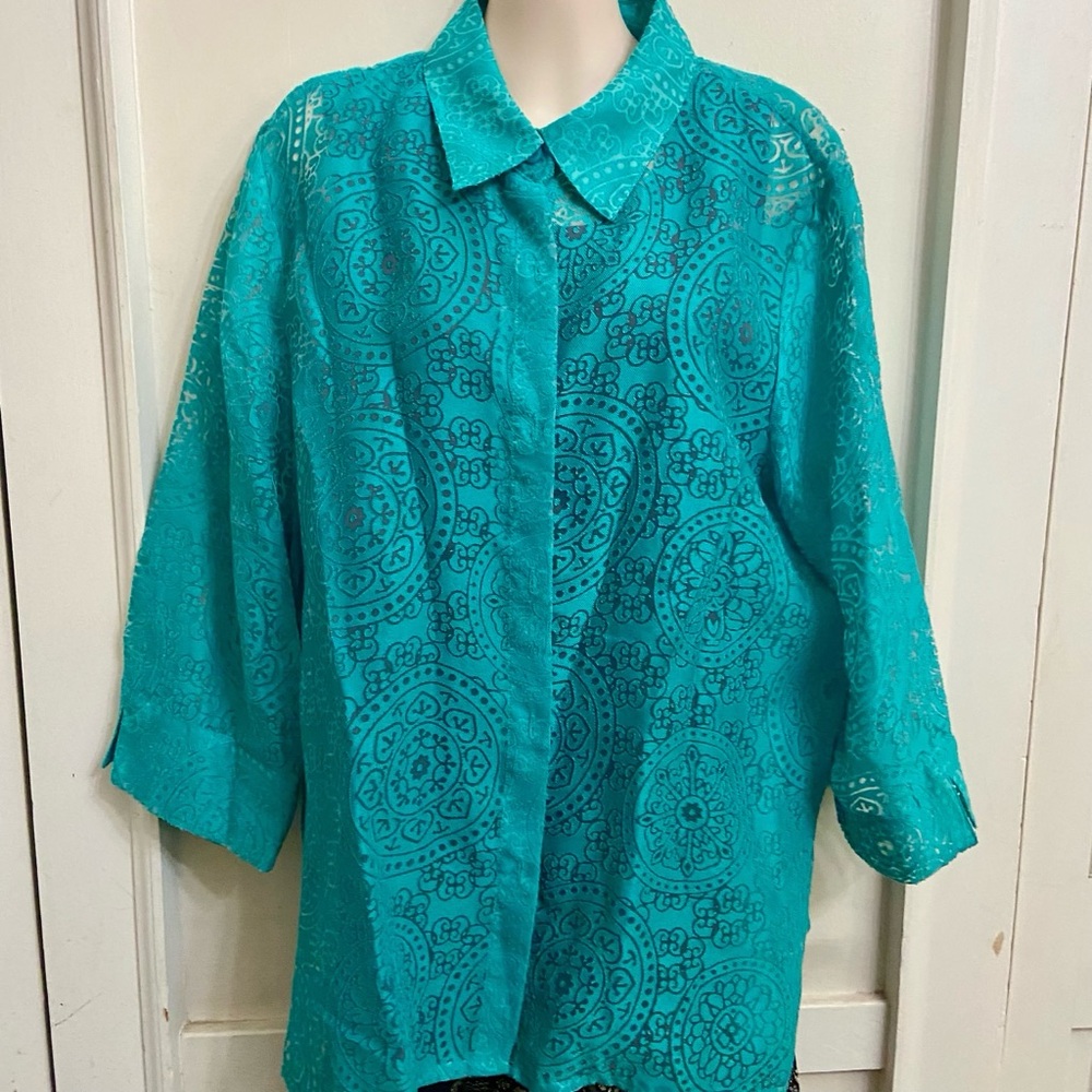 Teal Blue Lacy, See Through Blouse- Shirt (XL)